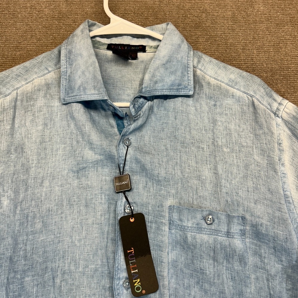 Tulliano Geena Shirt Men's Large Long Sleeve Button Up 100% Linen Indigo NEW - Picture 2 of 9